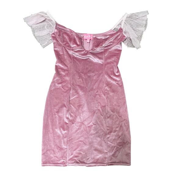 Sugar Thrillz Pink Velvet Mini Dress w/ Lace Sleeves – Size Small - Picture 1 of 7